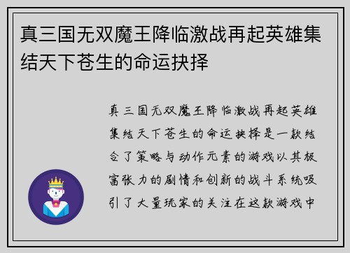真三国无双魔王降临激战再起英雄集结天下苍生的命运抉择